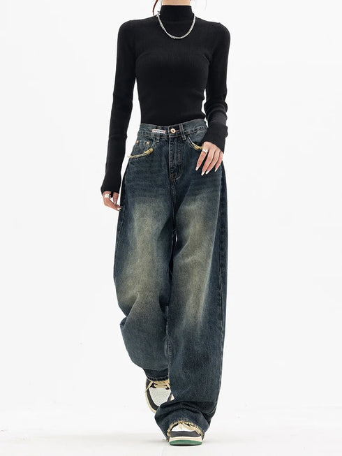 High Waist Wide Leg Jeans in Navy Blue
