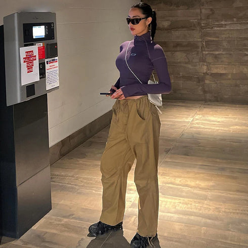Y2K Long Sleeve Zip Crop Top for Women