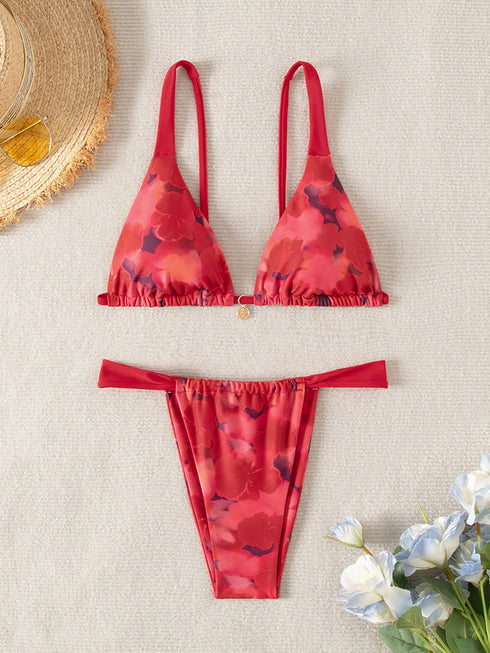 Floral Print Triangle Bikini Set with Brazilian Bottoms