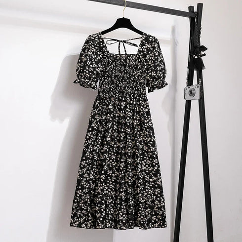 Floral A-Line Chiffon Dress with Short Sleeves