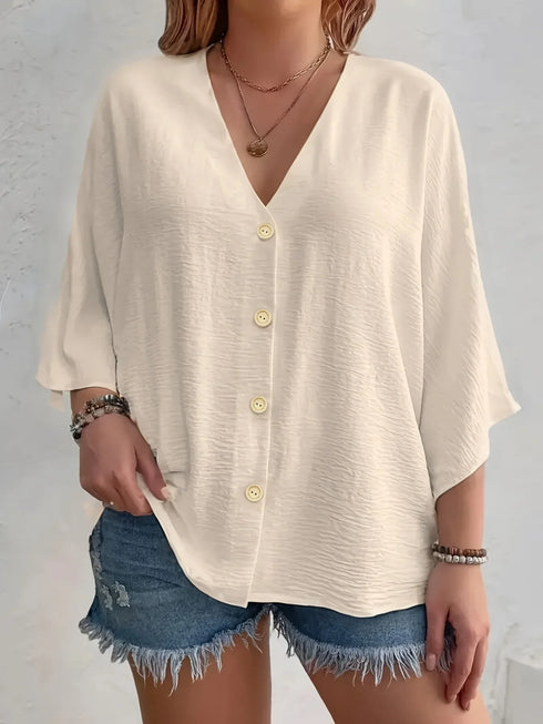 Women's Plus-size T-shirt Solid Color Breathable Spring/summer V-neck Button Travel Casual Wear with European and American Style