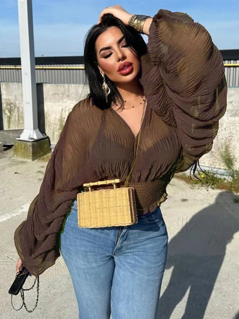 Elegant V-Neck Puff Sleeve Chiffon Blouse