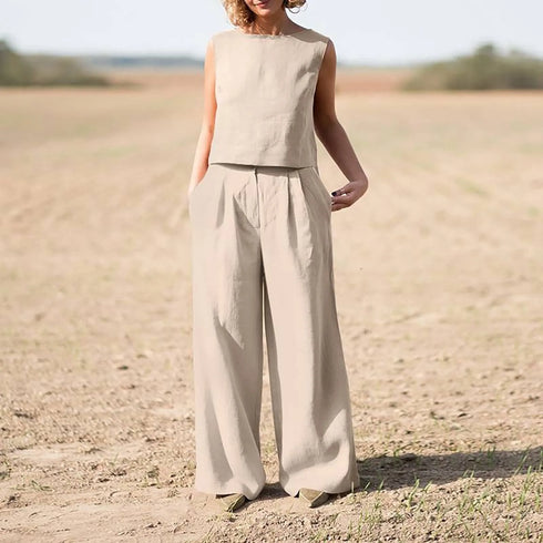 Women's Cotton Linen Sleeveless Top and Wide Leg Pants Set
