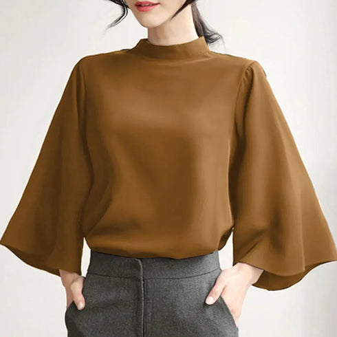 VONDA Women Fashion Blouse 2024 Elegant Autumn Tunic Tops Casual Stand Collar 3/4 Flare Sleeve Office Shirts Oversized Blusas