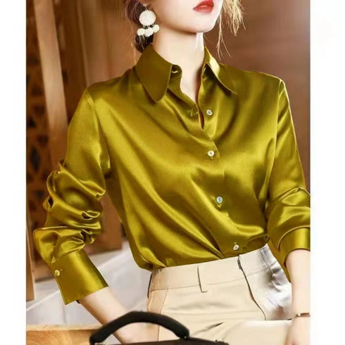Plus Size Satin Long Sleeve Blouse for Women