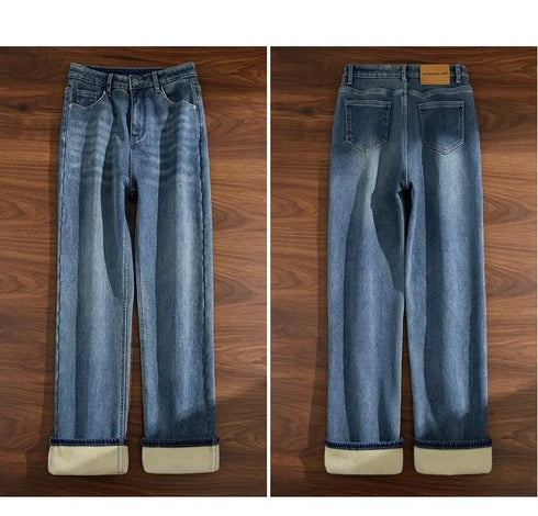 High Waist Fleece Lined Straight Jeans for Women