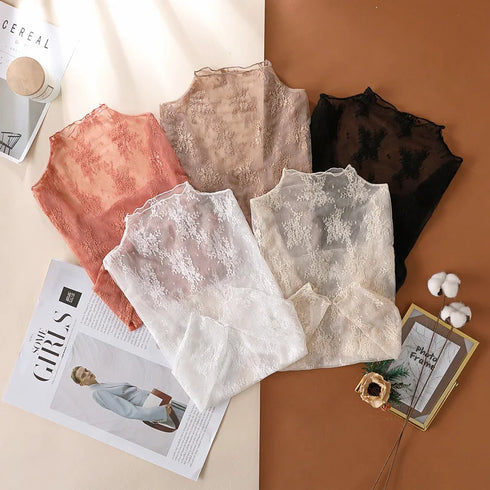 Sheer Lace Long Sleeve Blouse with Floral Design