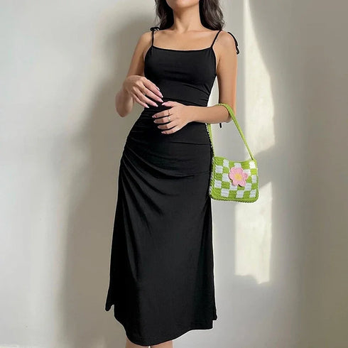 Elegant Black Backless Ruched Dress