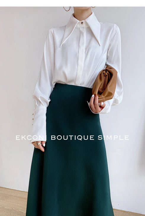 Elegant Satin Silk Blouse with Turn Down Collar