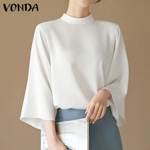 VONDA Women Fashion Blouse 2024 Elegant Autumn Tunic Tops Casual Stand Collar 3/4 Flare Sleeve Office Shirts Oversized Blusas