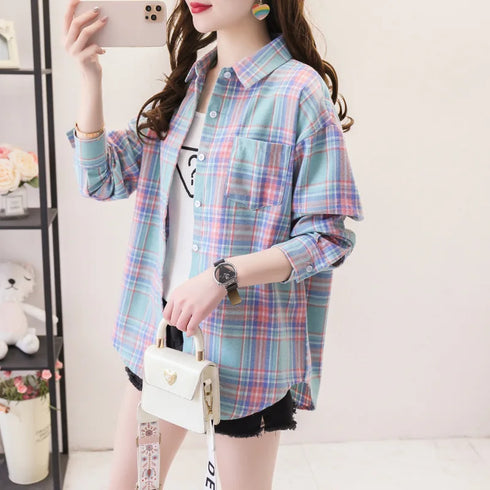 Loose Fit Cotton Plaid Shirt for Women