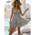 Summer Sexy Short Dress Women Casual Floral Backless Sundress V Neck Blue Ruffle A-line Fashion