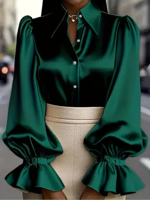 Elegant Satin Blouse with Ruffled Cuff Sleeves