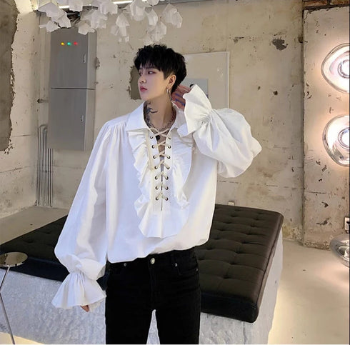 Victorian Gothic Ruffled Lace Up Blouse