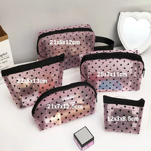 Heart Transparent Mesh Makeup Bag - Portable Cosmetic Pouch