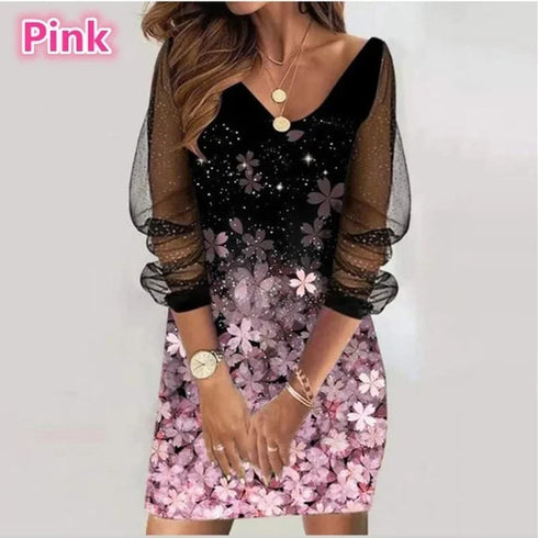 Autumn V-neck Heart Print Butterfly Long Sleeve Dress