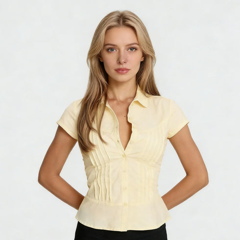 Women's Slim Fit Short Sleeve Button-Up Shirt in Yellow