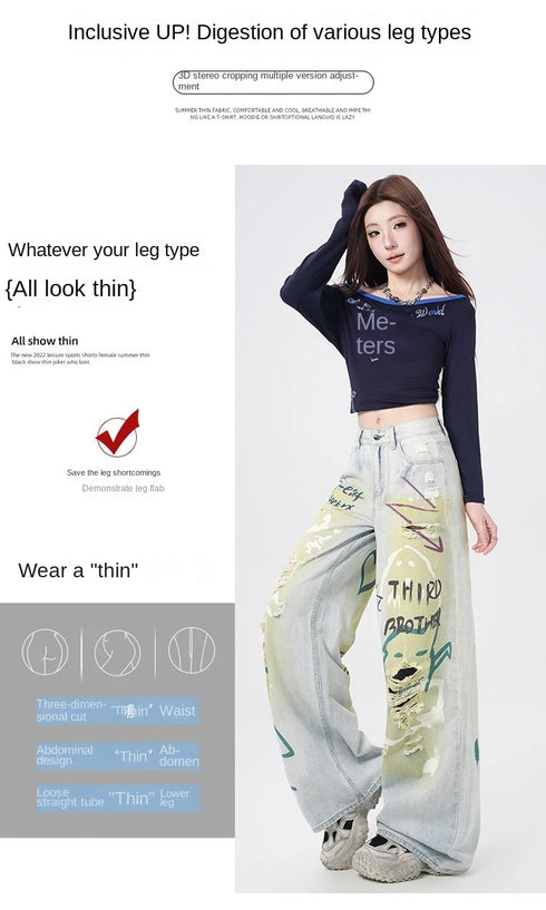 Trendy Y2K Vintage Wide Leg Jeans with Artistic Print