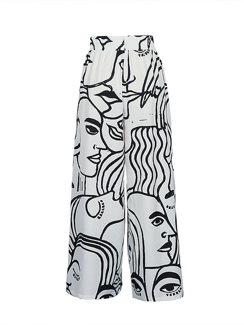 Plus Size Wide Leg Casual Trousers with Print Design