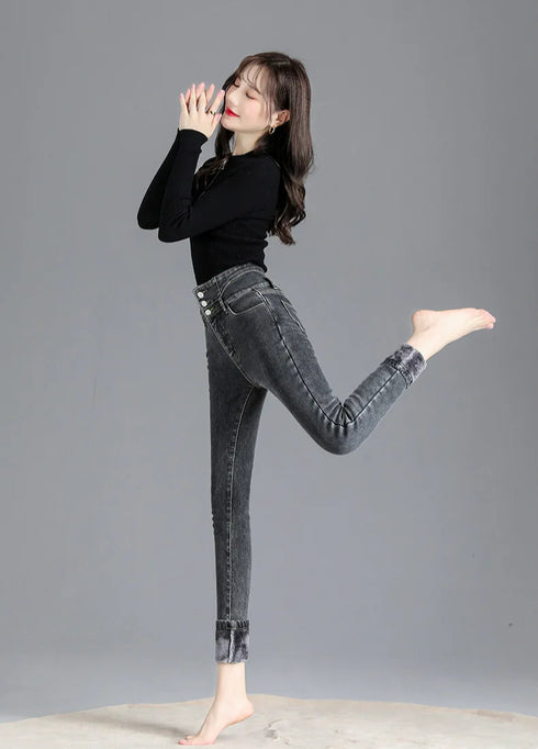 High-Waisted Fleece-Lined Slim Jeans for Women