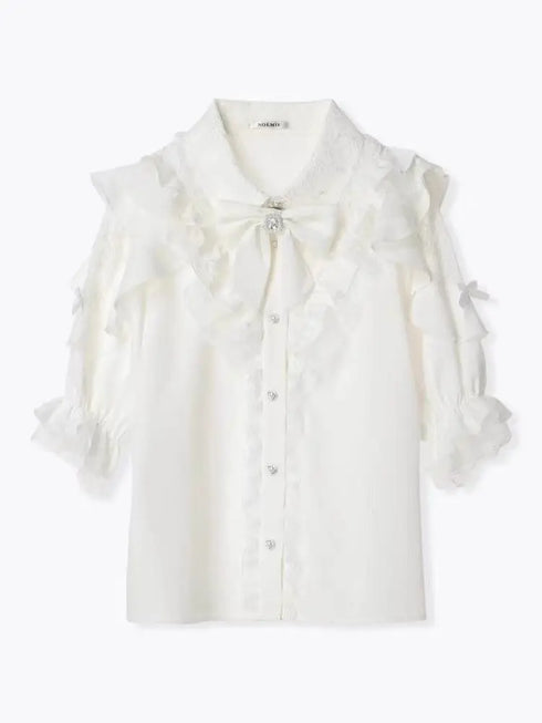 Noemi Inspired Ruffle Bow Top - Japanese Dark Femme Off-Shoulder Blouse, Lace Trim Bell Sleeve Shirt for Yami Kawaii & Lolita