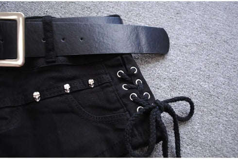 Low Rise Denim Shorts with Lace-Up Detail
