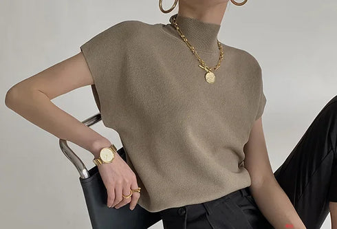 Solid Stand-up Collar Knitted Blouse Vest