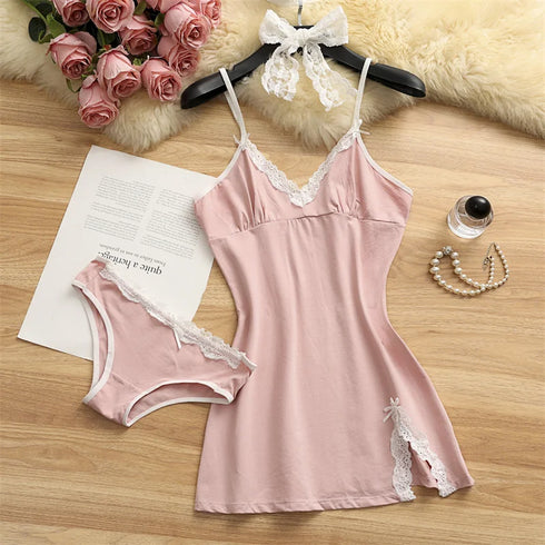 Cotton Lace Suspender Nightdress Set for Women