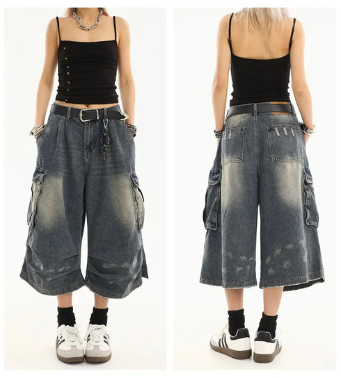 High Waist Vintage Blue Denim Cargo Pants