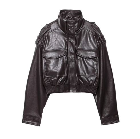 Chic Faux Leather Jacket for Women - Casual Long Sleeve