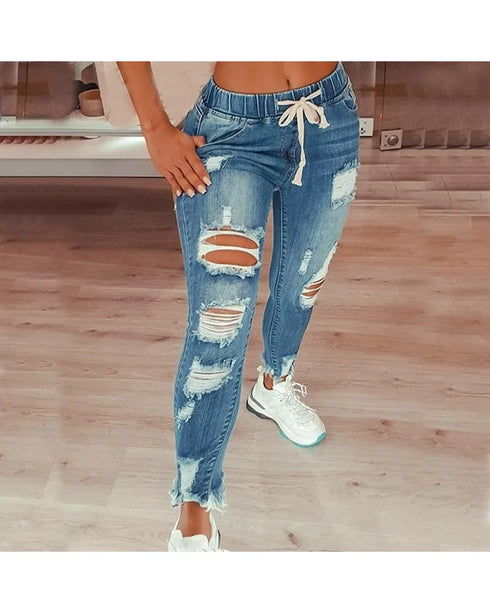 Women's Mid Waist Lace-Up Slim Fit Denim Jeans