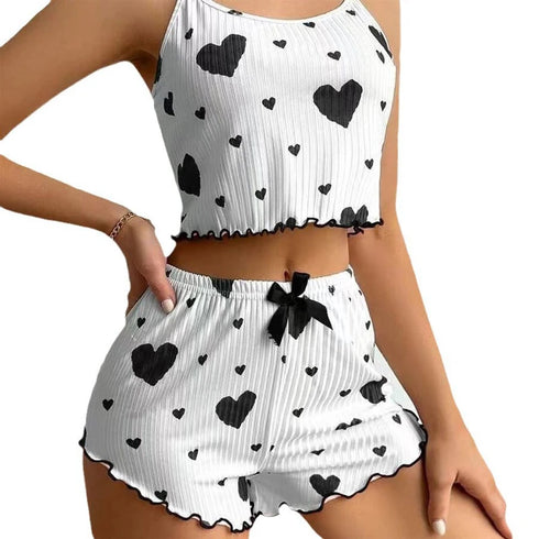 Heart Women Pajamas Set Shorts Sleepwear Love Print Top