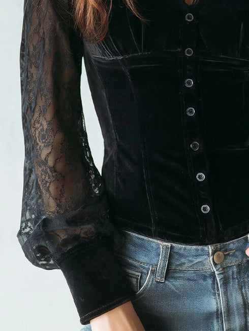 Women's Lace Lantern Sleeve Blouse Top Sexy V-Neck Lace Trim Velvet Slim Gothic Punk Casual Retro Hollow Out Blouse Shirt 2026