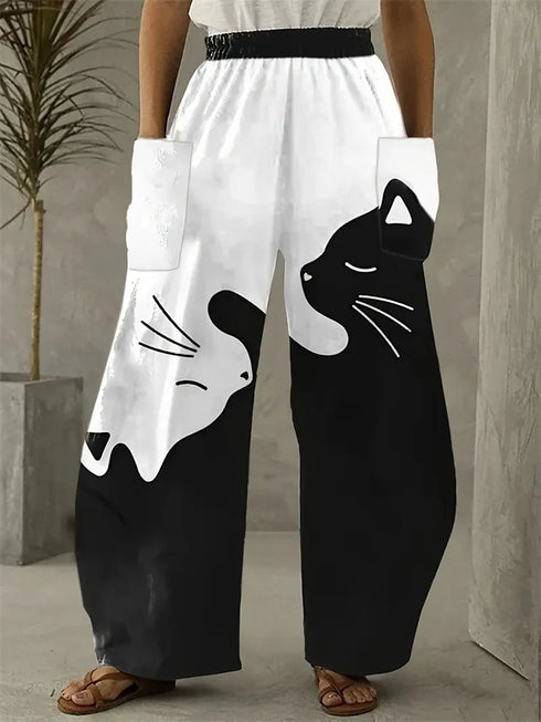 Women's Cartoon Cat Loose Wide-Leg Pants