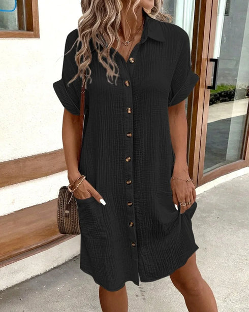 Women's Summer Casual V-Neck Button Up Dress Knee Length Short Sleeve Linen Cotton Loose Fit for Women