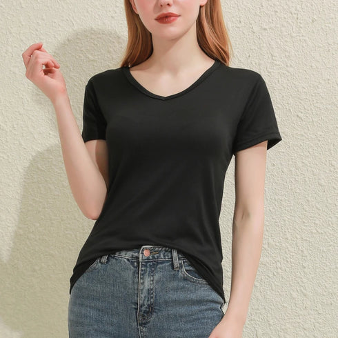 V-Neck Slim Fit Cotton Tee for Women - Classic White & Black
