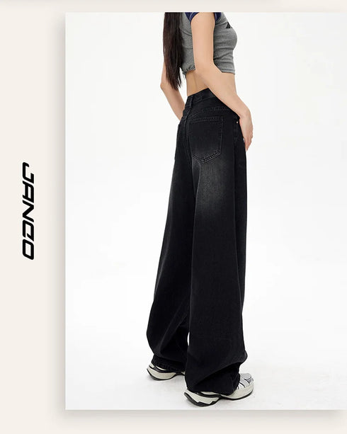 High Waist Loose Fit Black Denim Trousers for Women