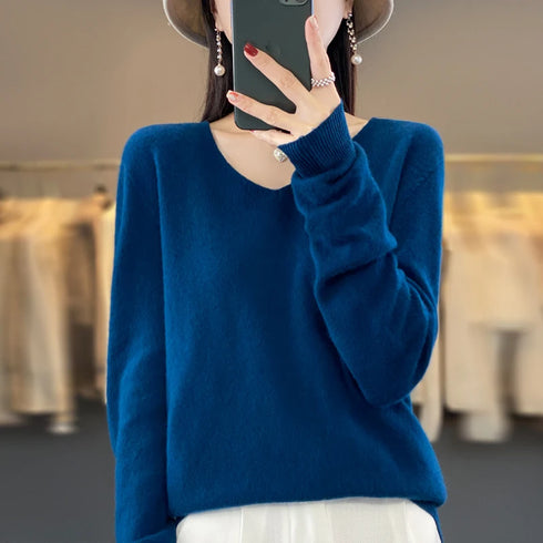 100% Merino Wool V-Neck Pullover Sweater for Women