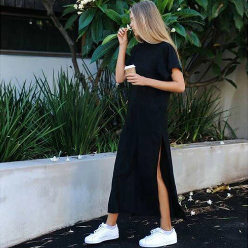 Summer Korean Style Midi Dress Women Casual Black Maxi T Shirt Dress Plus Size Short Sleeve Side Open Party Look