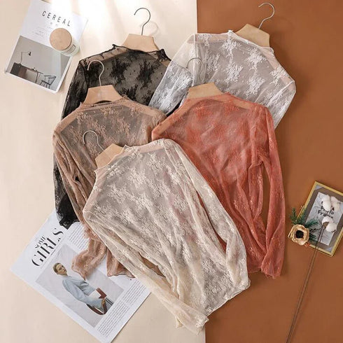 Floral Lace Turtleneck Blouse for Women
