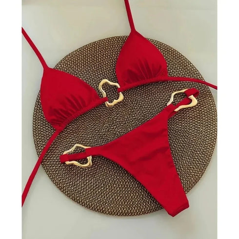 Lace-Up Solid Colour Two-Piece Bikini Set