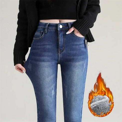 High Waist Thermal Jeans for Women - Warm Plush Denim