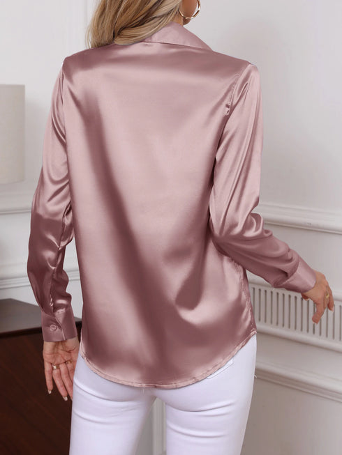 Elegant Turn-down Collar Button-front Satin Long Sleeve Women's Shirt for Daily Commute And Business Casual Wear