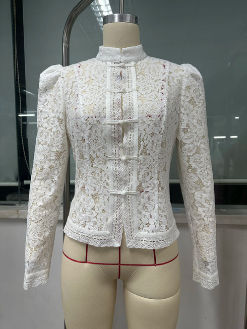 White Lace Hollow Out Blouse for Women