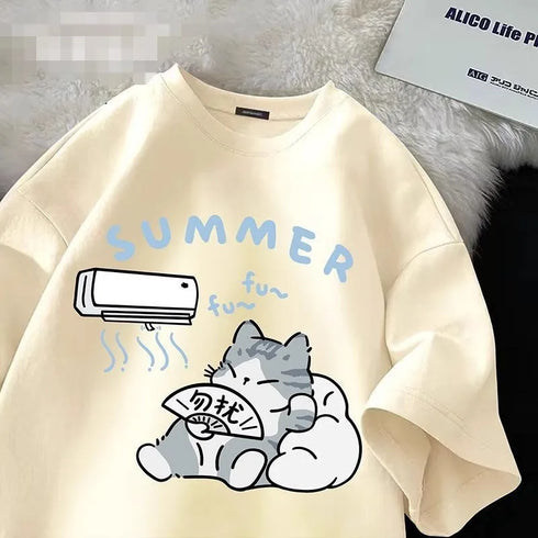 Summer Japanese Cartoon Cute Cat Funny Printed Short-sleeved T-shirt for Ladies and Boys Same Loose Casual Large-size Top