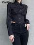 Zadily Long Sleeve Button-Up Crop Top in Black
