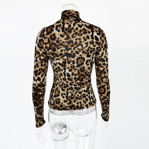 Women's Long-Sleeved Leopard Print Turtleneck Top