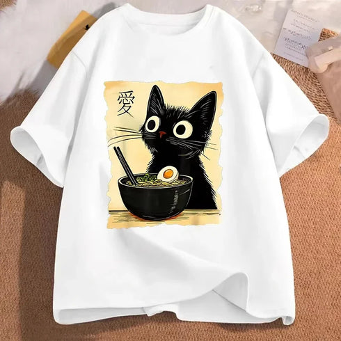 Cat Ramen Pattern Cute Kitten Eating Noodles Women's Print Summer T-shirt Fashion Retro puls si Outfit aesthetic clothes Y2K top