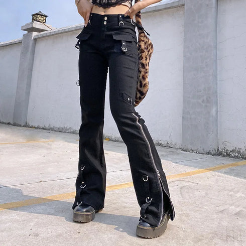 Black Punk Y2K Grunge Bootcut Pants for Women