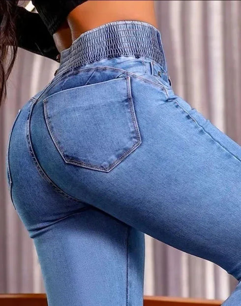 High Waist Shirred Detail Skinny Jeans